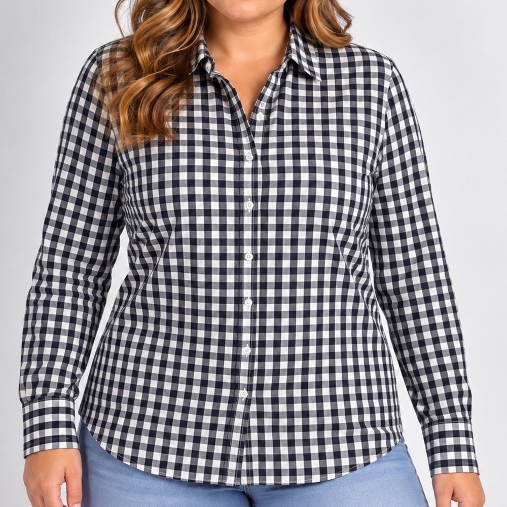 Banana Republic Riley Size 2 Gingham Button Down Shirt Black White Tailored Fit